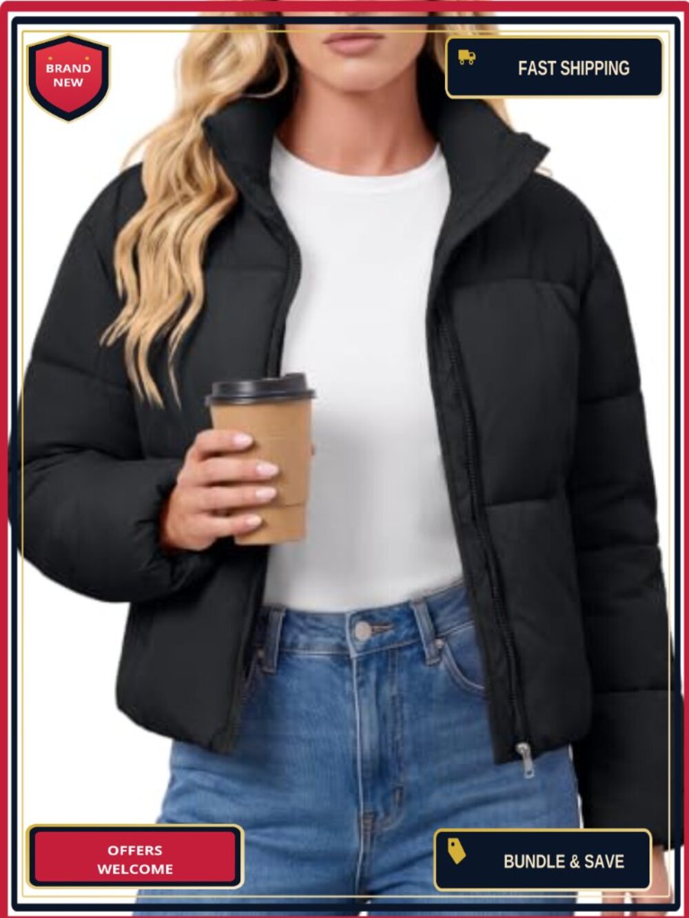 Women's Cropped Quilted Puffer Jacket Zip Up Warm Winter Coat